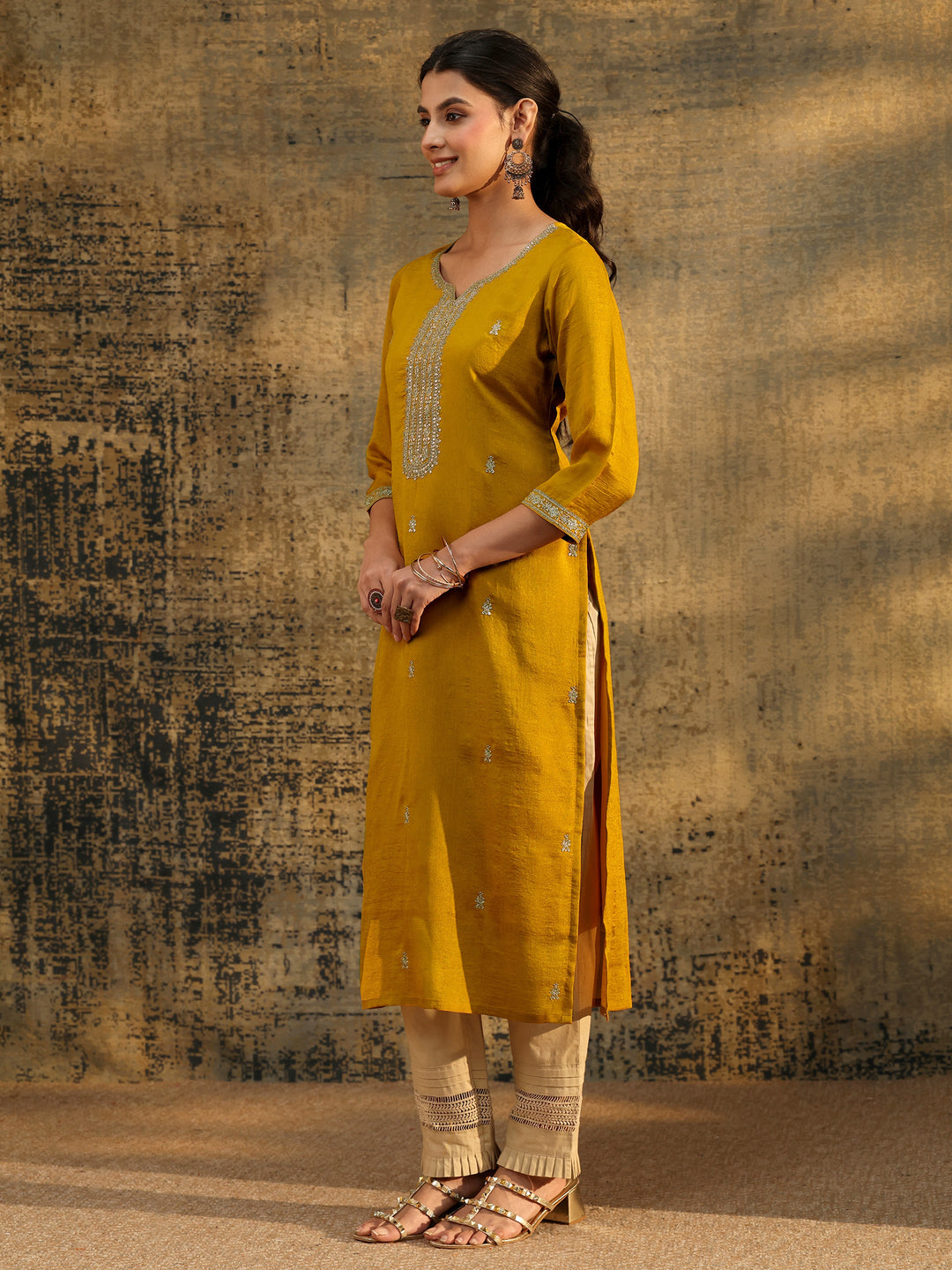 Libas Mustard Embroidered Silk Blend Straight Kurta