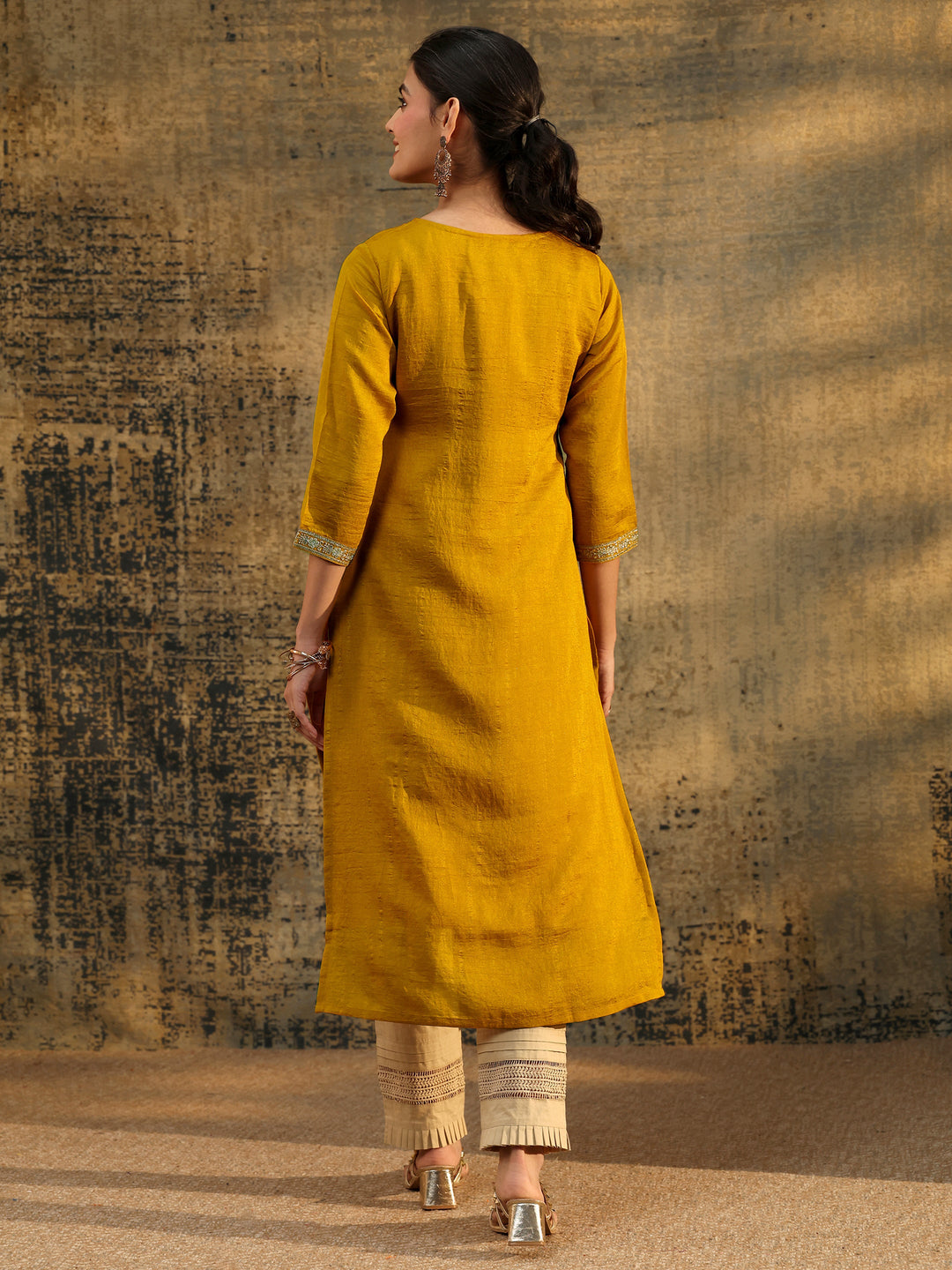 Libas Mustard Embroidered Silk Blend Straight Kurta