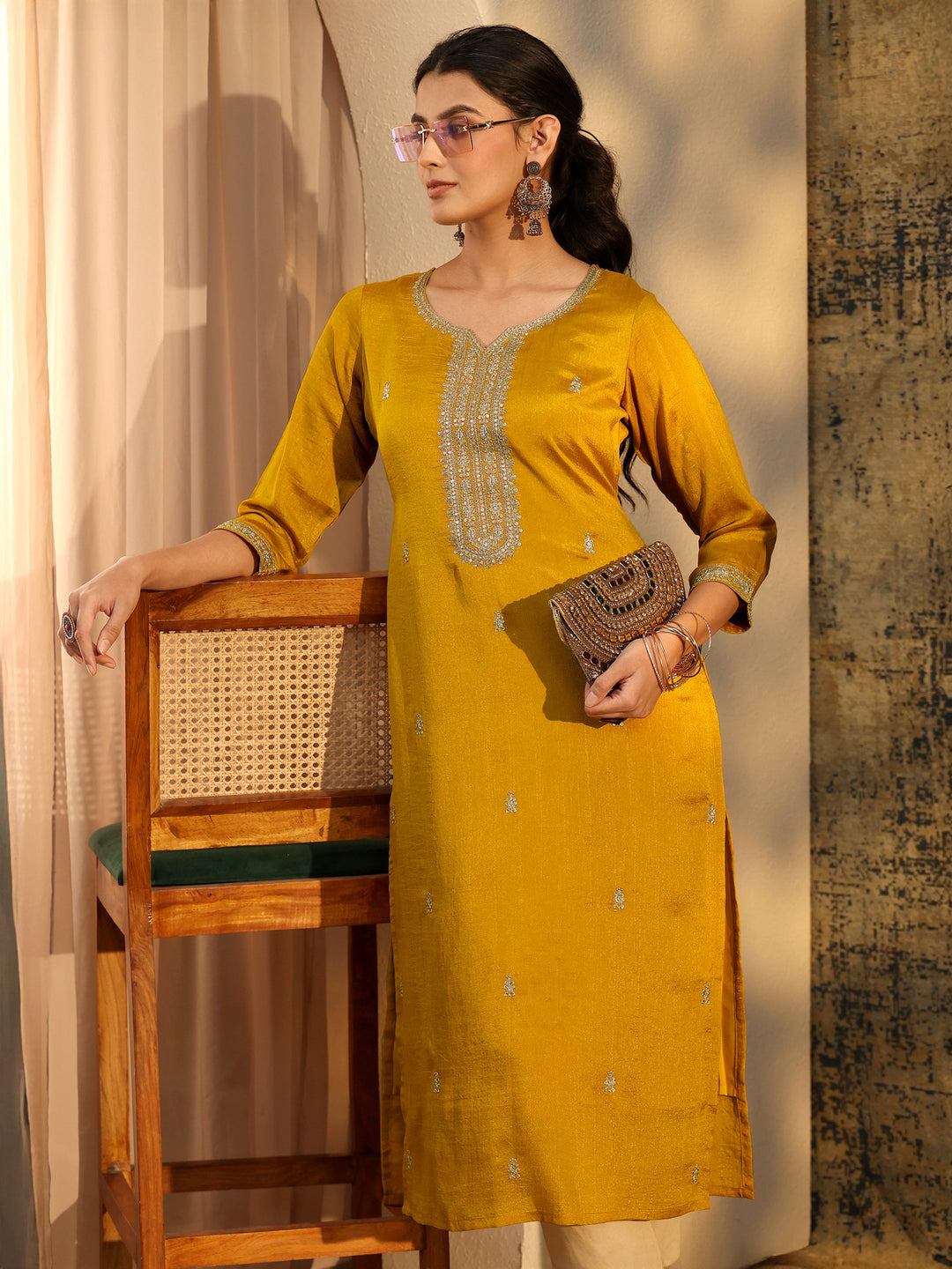 Libas Mustard Embroidered Silk Blend Straight Kurta