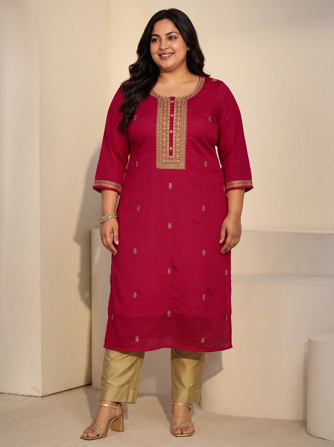 Plus Size Red Floral Embroidered Silk Blend Straight Kurta