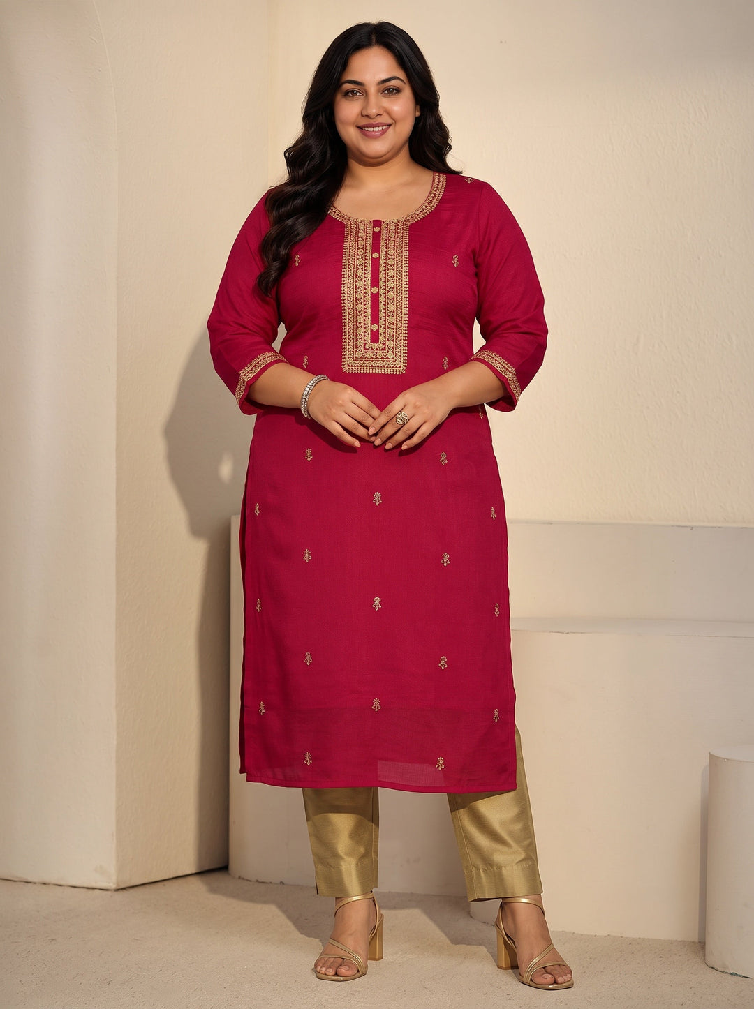 Plus Size Red Floral Embroidered Silk Blend Straight Kurta