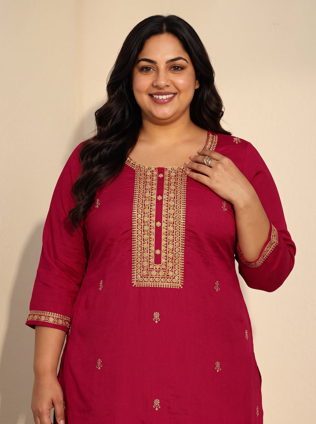 Plus Size Red Floral Embroidered Silk Blend Straight Kurta