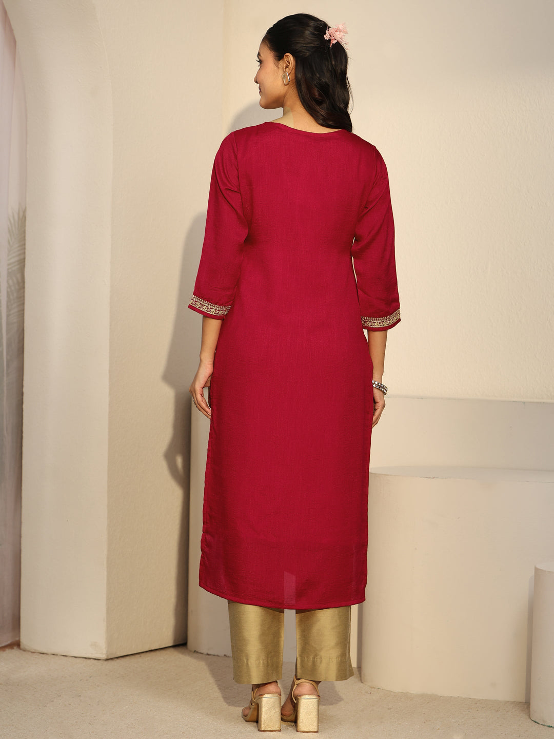 Libas Red Floral Embroidered Silk Blend Straight Kurta