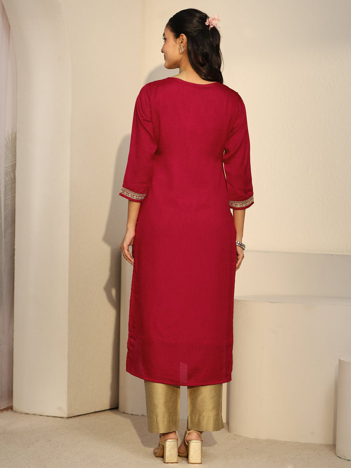 Libas Red Floral Embroidered Silk Blend Straight Kurta