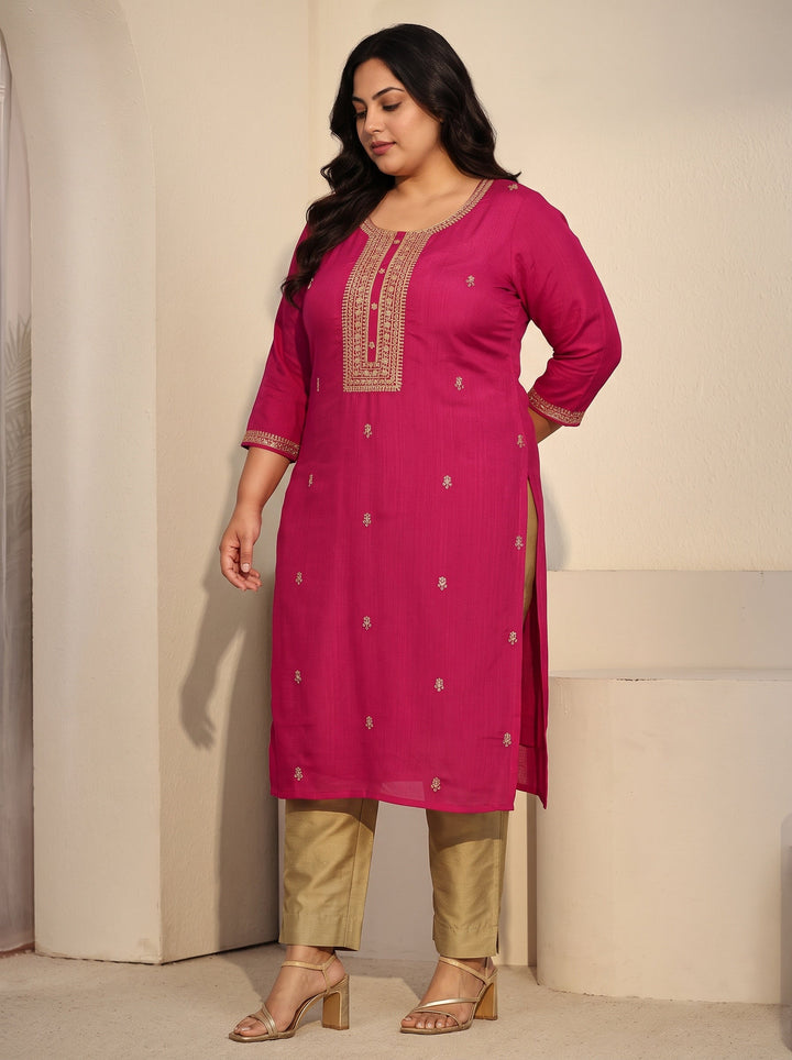 Plus Size Rani Pink Floral Embroidered Silk Blend Straight Kurta