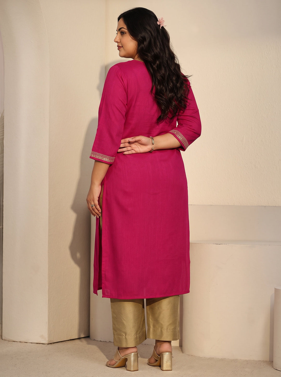 Plus Size Rani Pink Floral Embroidered Silk Blend Straight Kurta