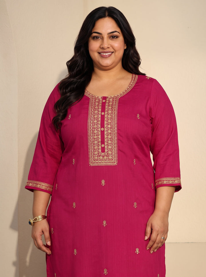 Plus Size Rani Pink Floral Embroidered Silk Blend Straight Kurta