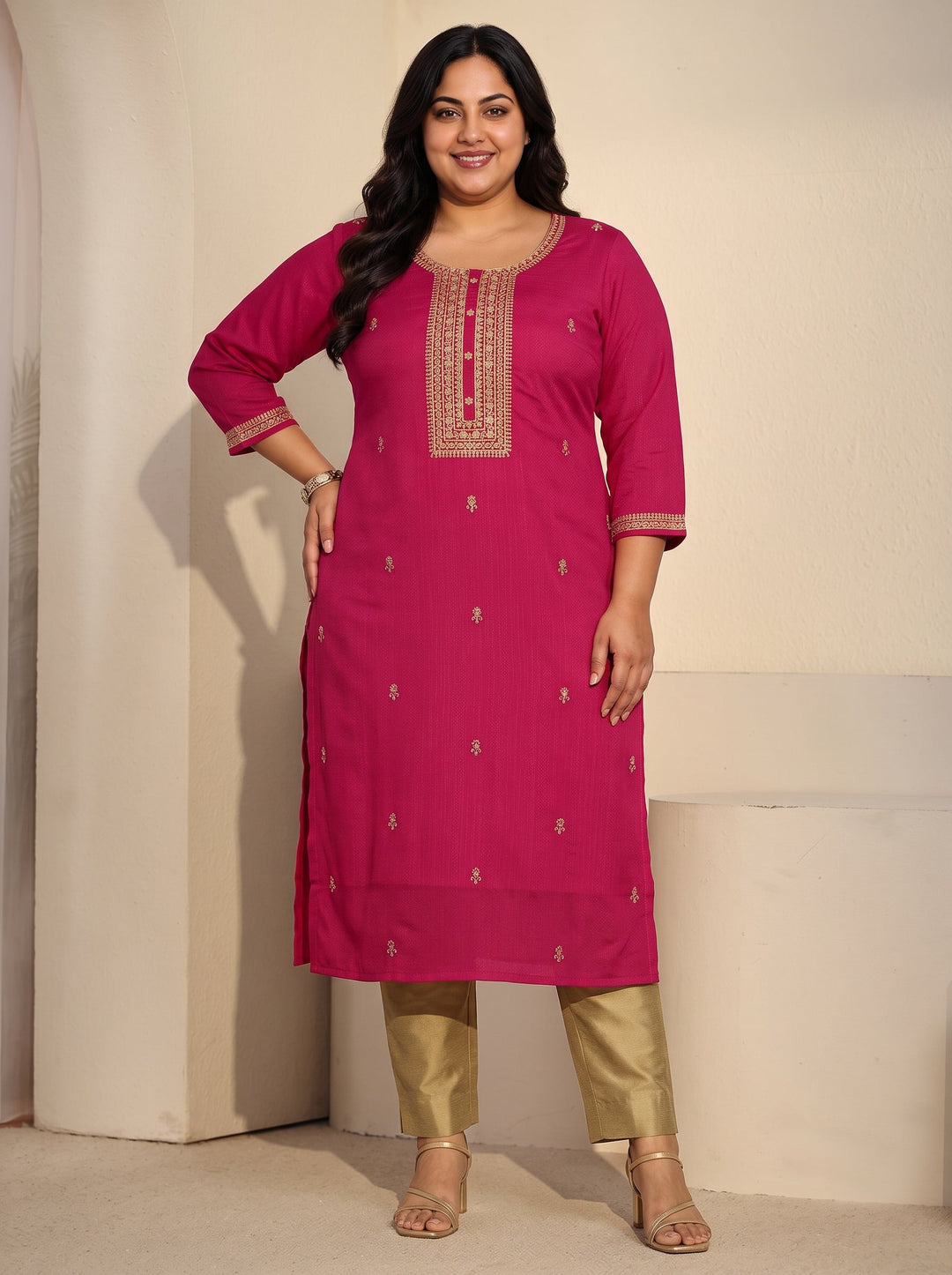 Plus Size Rani Pink Floral Embroidered Silk Blend Straight Kurta
