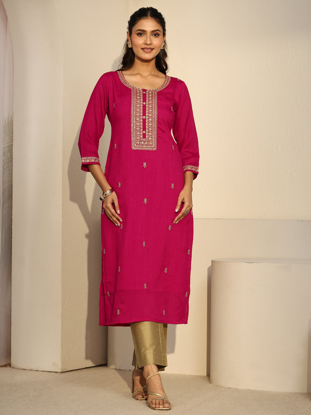 Libas Rani Pink Floral Embroidered Silk Blend Straight Kurta