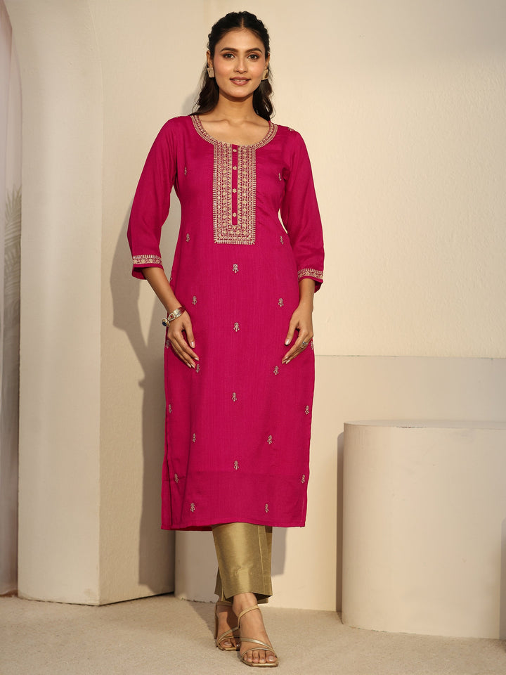 Libas Rani Pink Floral Embroidered Silk Blend Straight Kurta