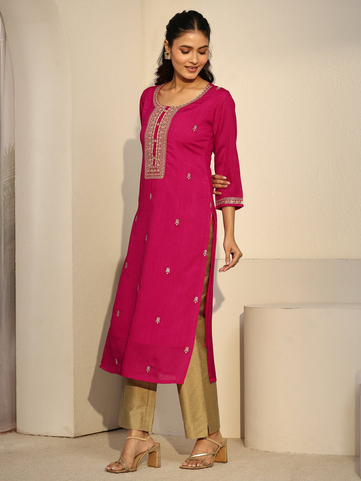 Libas Rani Pink Floral Embroidered Silk Blend Straight Kurta