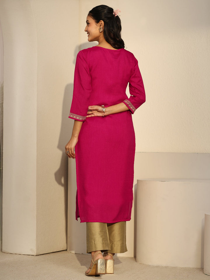 Libas Rani Pink Floral Embroidered Silk Blend Straight Kurta