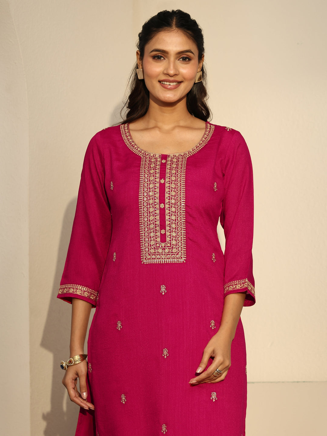 Libas Rani Pink Floral Embroidered Silk Blend Straight Kurta
