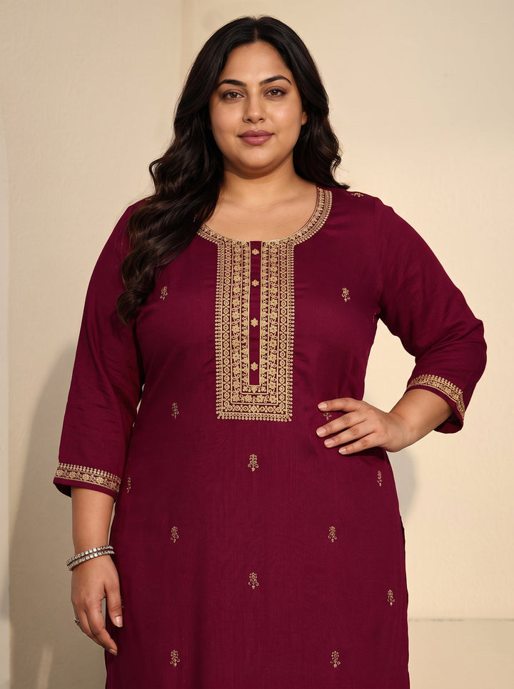 Plus Size Maroon Floral Embroidered Silk Blend Straight Kurta