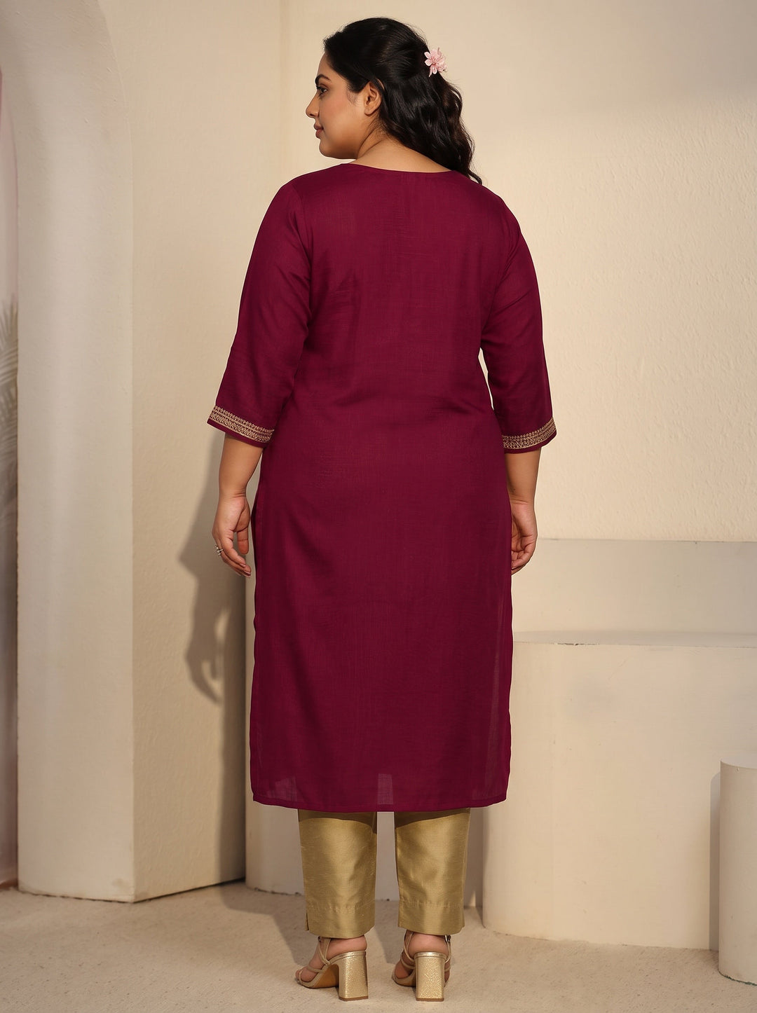 Plus Size Maroon Floral Embroidered Silk Blend Straight Kurta