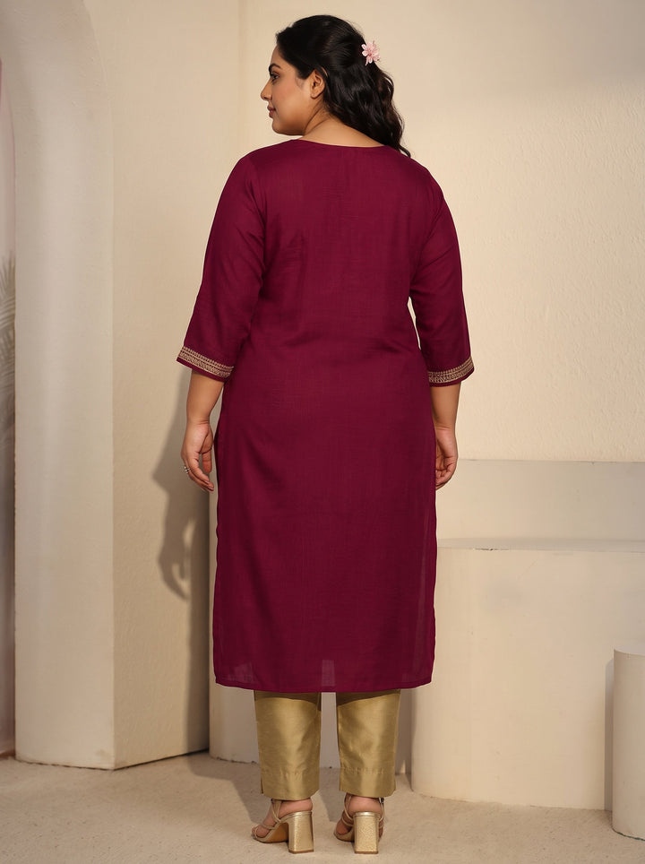 Plus Size Maroon Floral Embroidered Silk Blend Straight Kurta