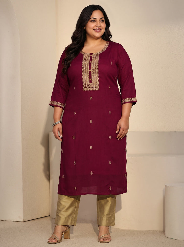 Plus Size Maroon Floral Embroidered Silk Blend Straight Kurta