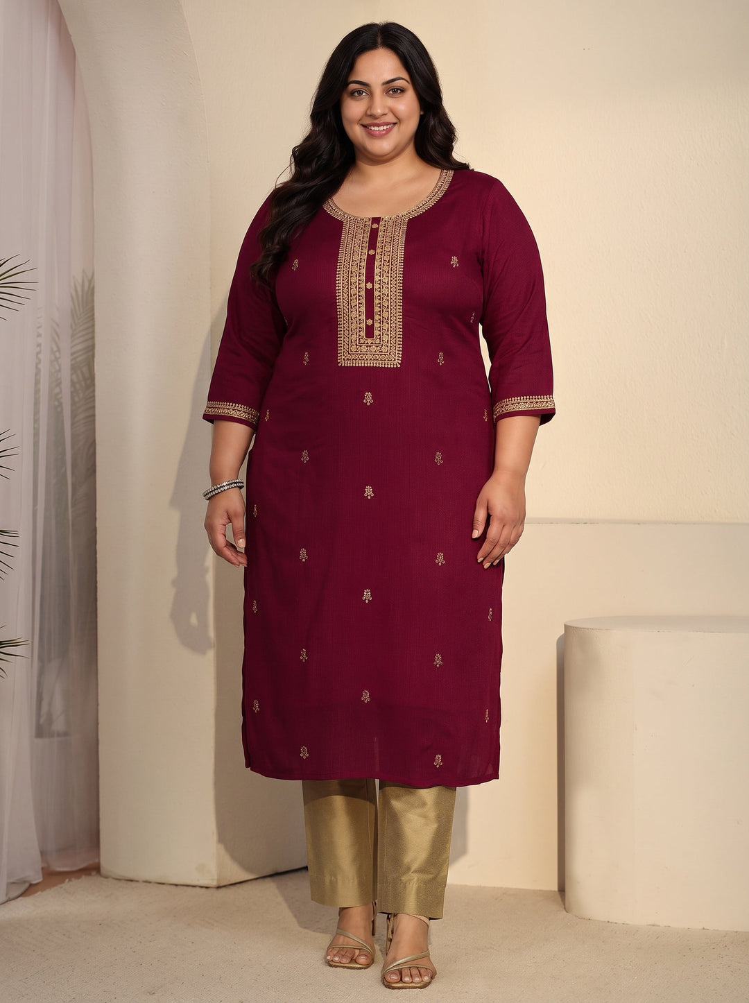 Plus Size Maroon Floral Embroidered Silk Blend Straight Kurta