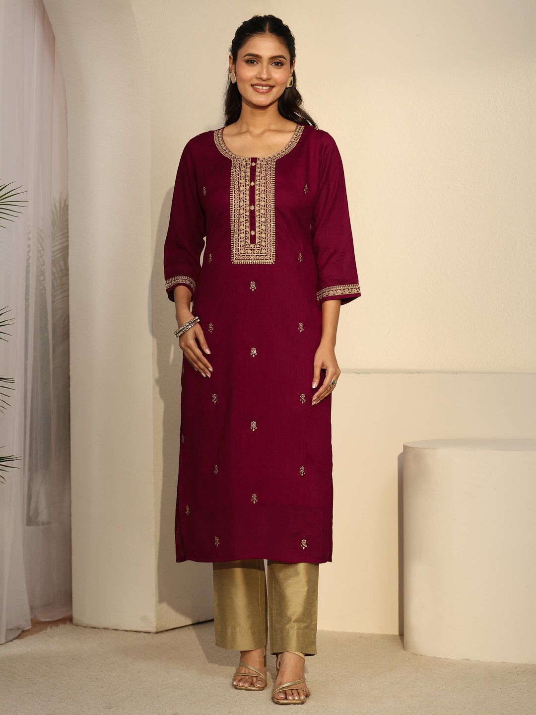 Libas Maroon Floral Embroidered Silk Blend Straight Kurta