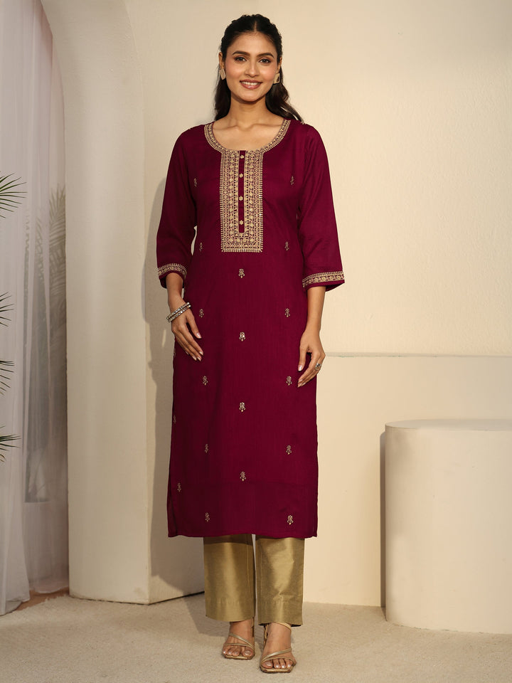 Libas Maroon Floral Embroidered Silk Blend Straight Kurta