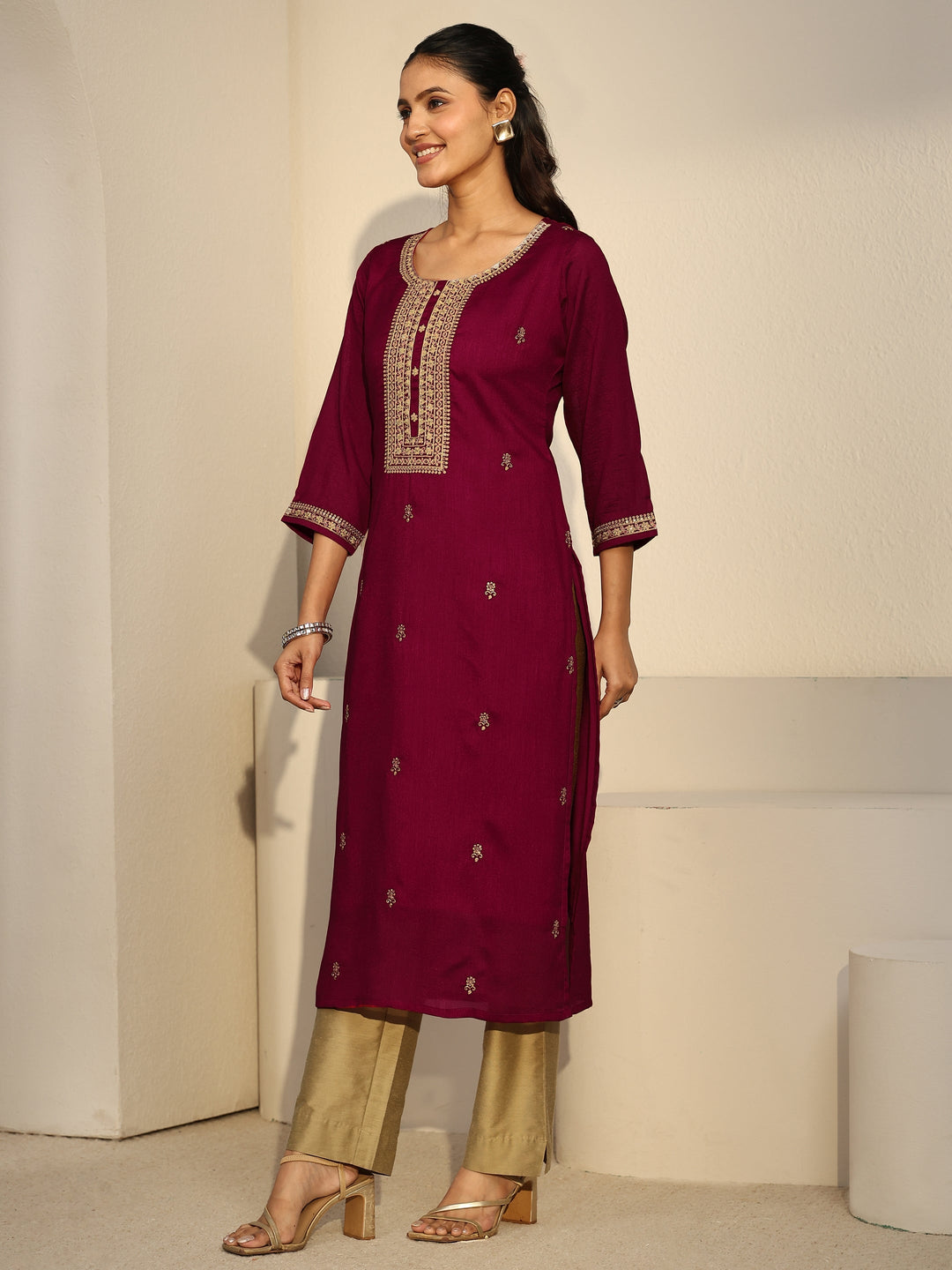 Libas Maroon Floral Embroidered Silk Blend Straight Kurta