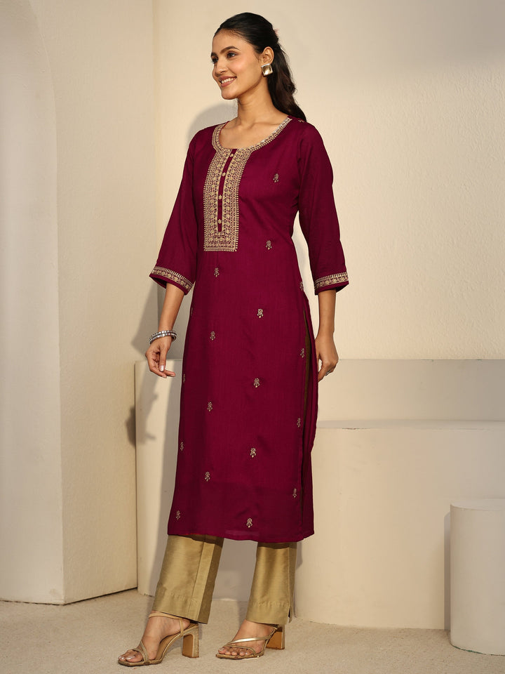 Libas Maroon Floral Embroidered Silk Blend Straight Kurta