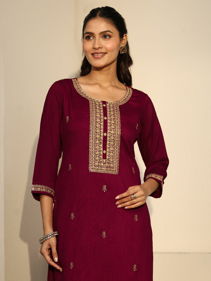 Libas Maroon Floral Embroidered Silk Blend Straight Kurta
