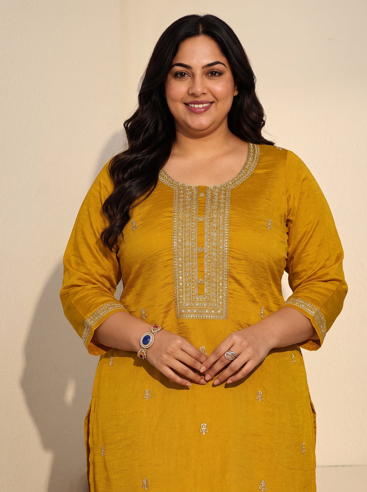 Plus Size Mustard Floral Embroidered Silk Blend Straight Kurta