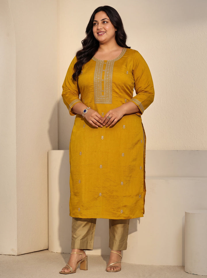 Plus Size Mustard Floral Embroidered Silk Blend Straight Kurta