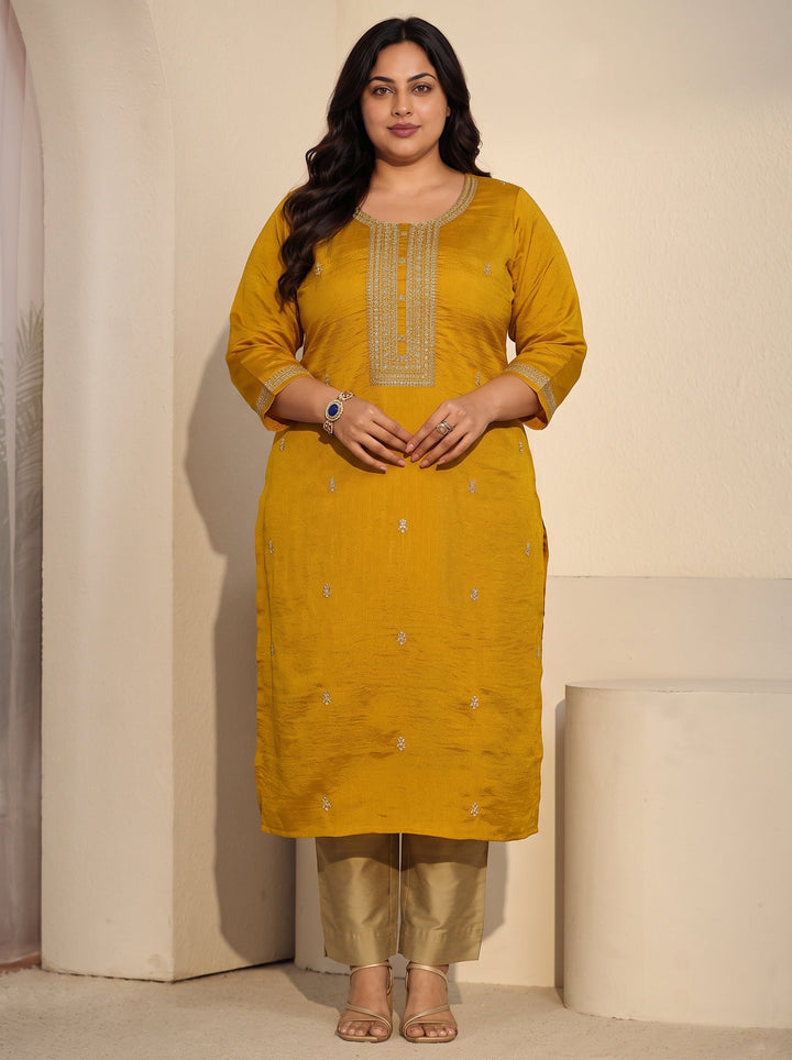 Plus Size Mustard Floral Embroidered Silk Blend Straight Kurta