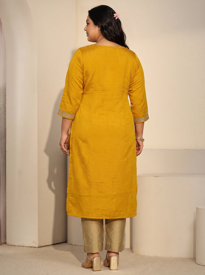 Plus Size Mustard Floral Embroidered Silk Blend Straight Kurta