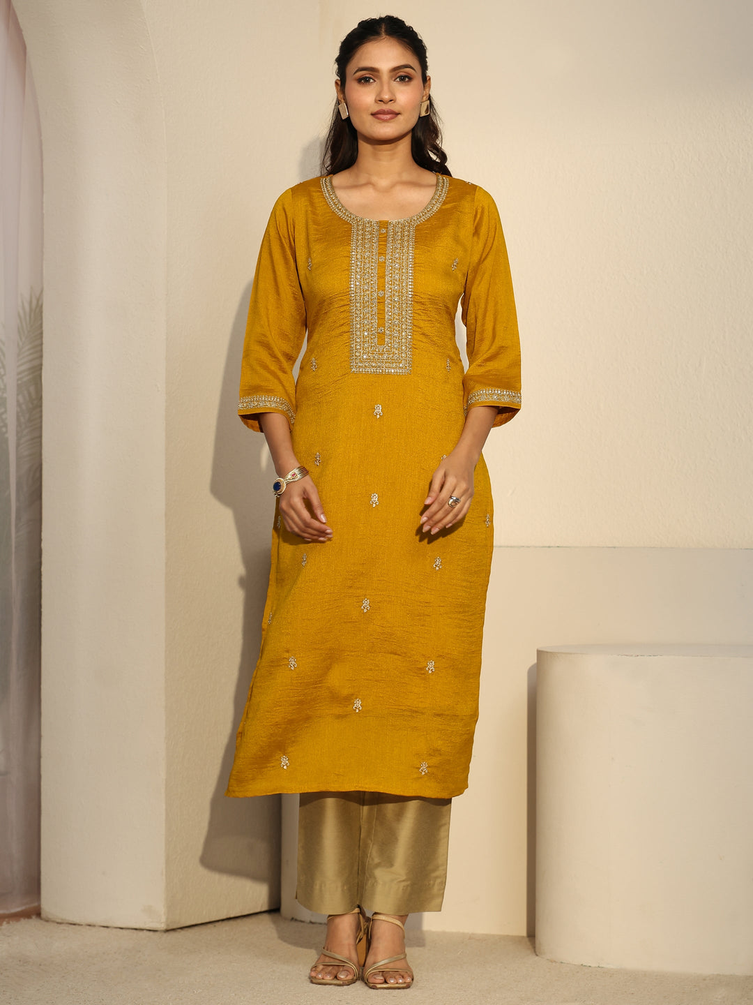 Libas Mustard Floral Embroidered Silk Blend Straight Kurta