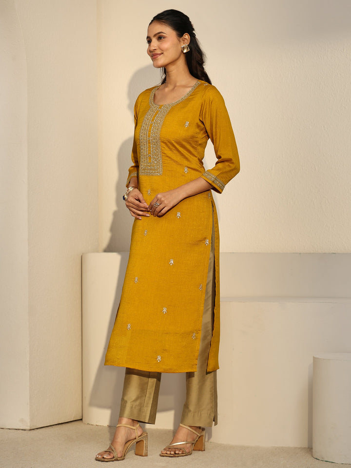 Libas Mustard Floral Embroidered Silk Blend Straight Kurta