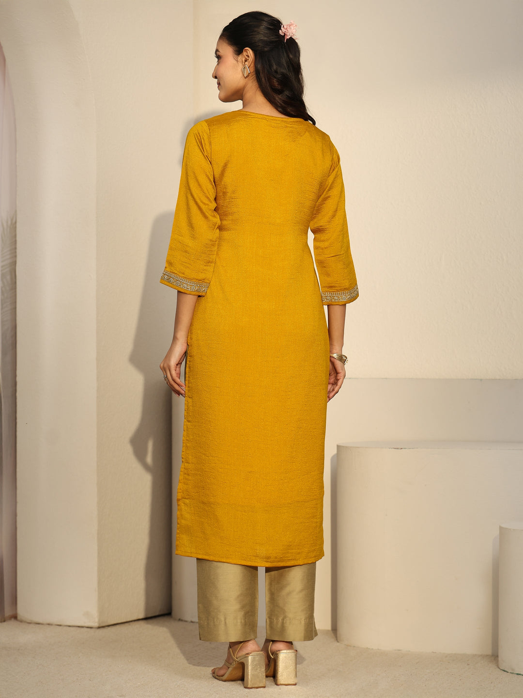 Libas Mustard Floral Embroidered Silk Blend Straight Kurta