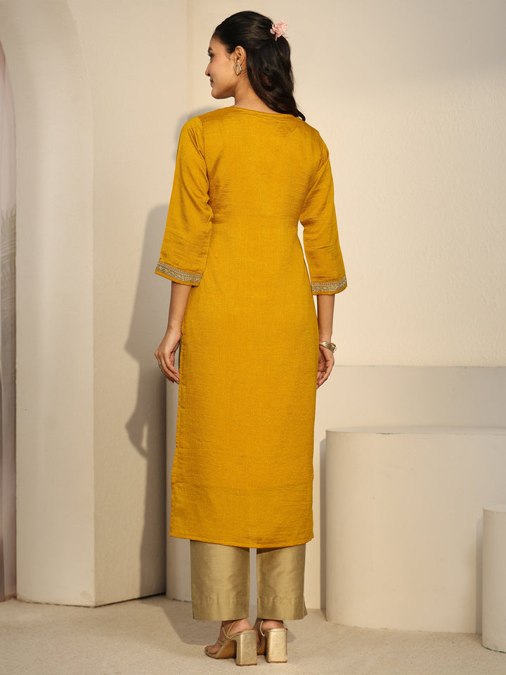 Libas Mustard Floral Embroidered Silk Blend Straight Kurta
