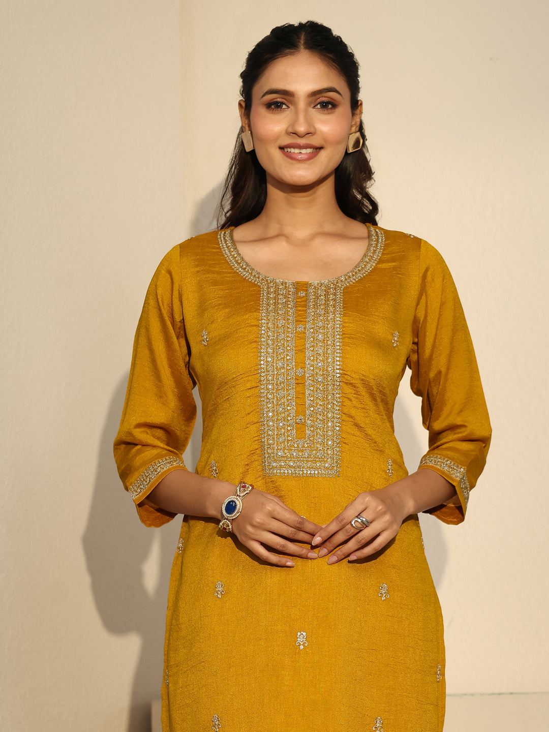 Libas Mustard Floral Embroidered Silk Blend Straight Kurta