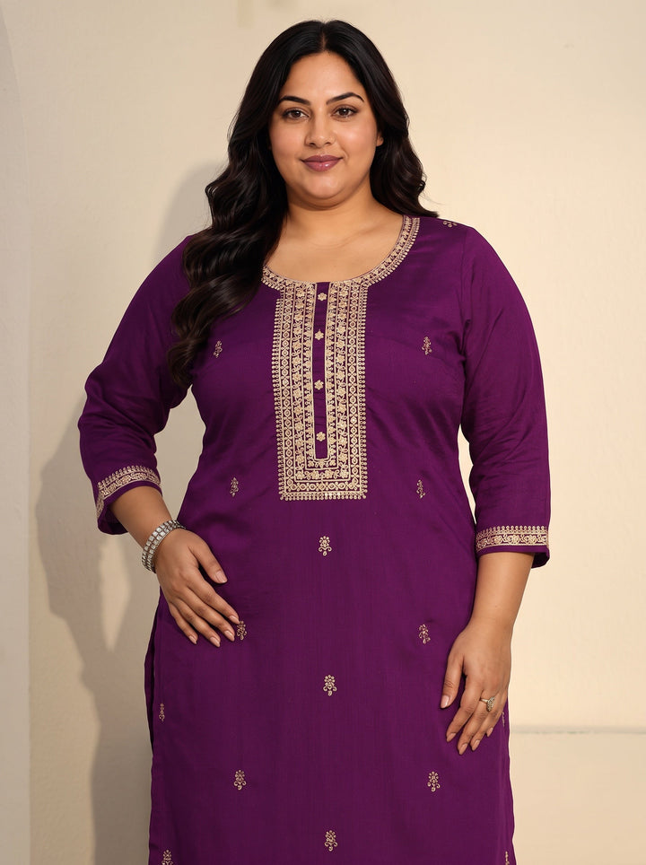 Plus Size Aubergine Purple Floral Embroidered Silk Blend Straight Kurta