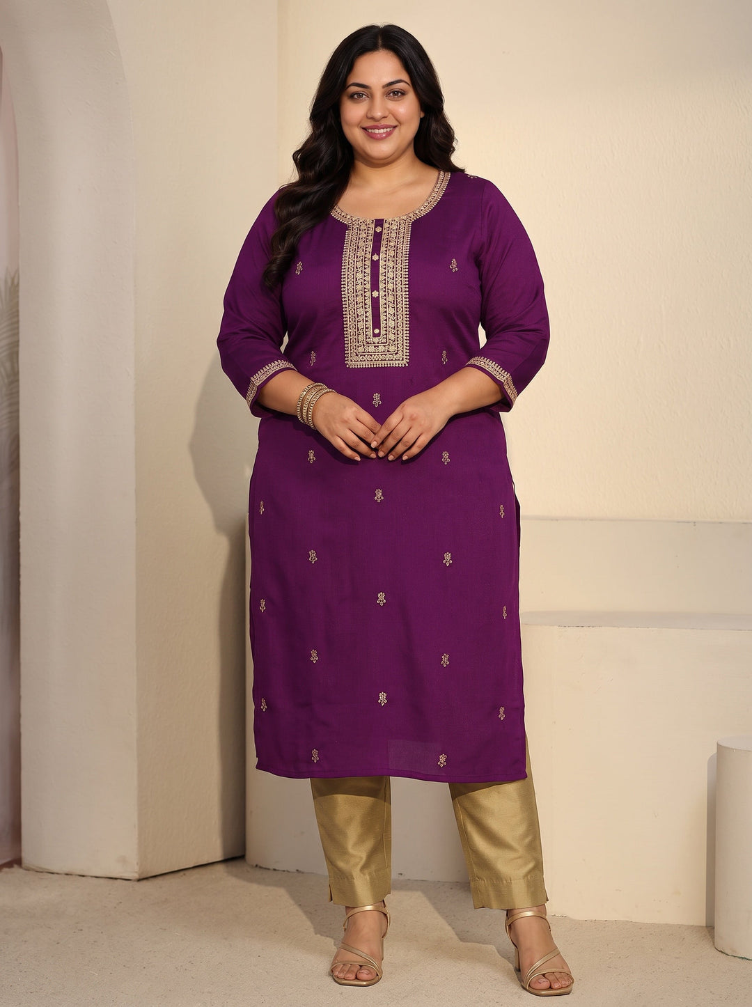 Plus Size Aubergine Purple Floral Embroidered Silk Blend Straight Kurta