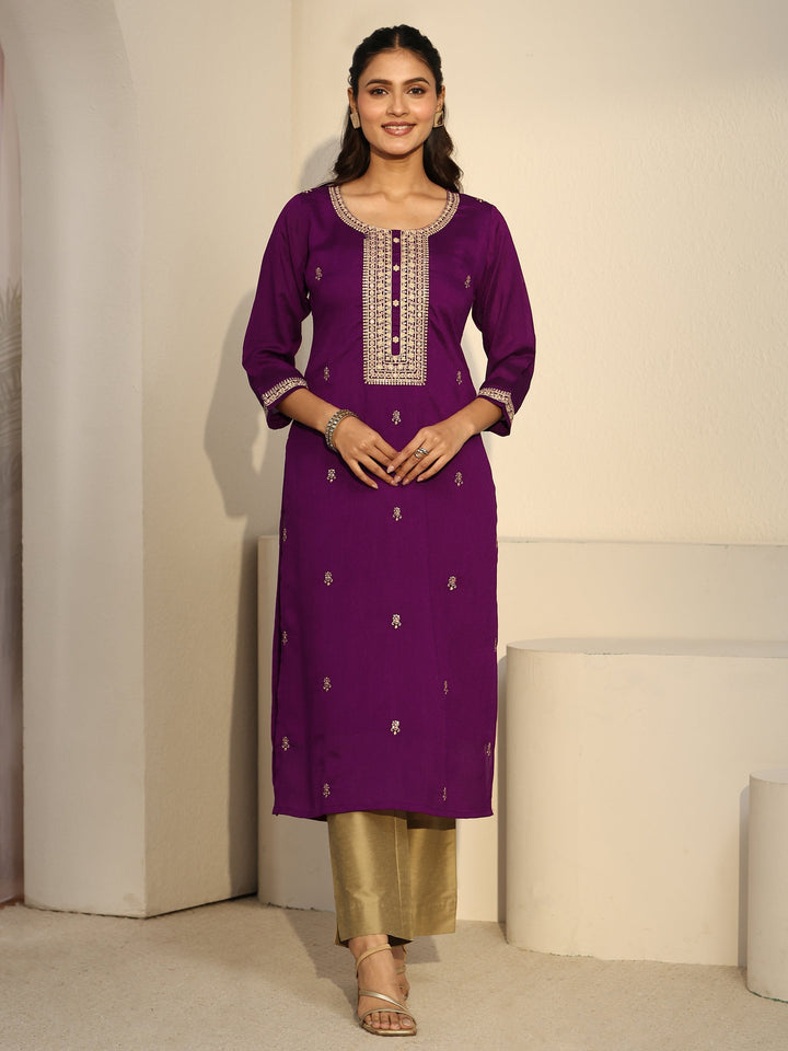 Libas Aubergine Purple Floral Embroidered Silk Blend Straight Kurta