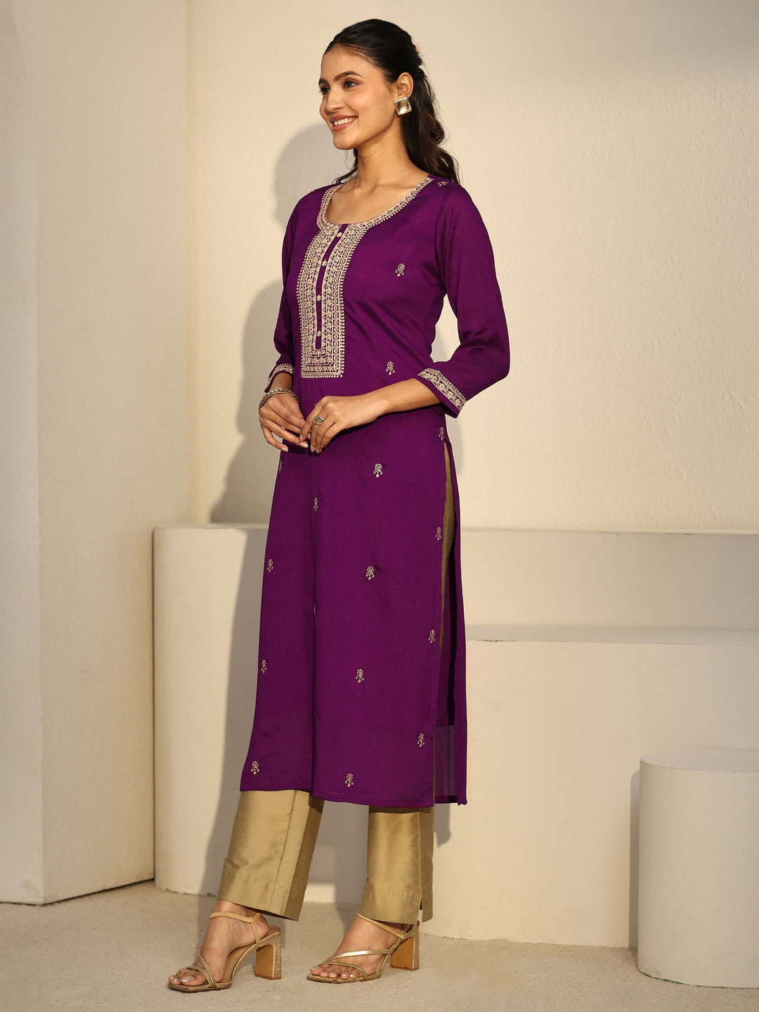 Libas Aubergine Purple Floral Embroidered Silk Blend Straight Kurta