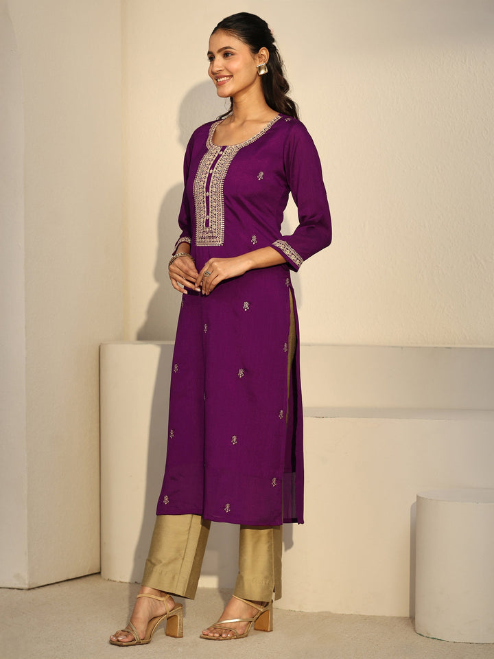 Libas Aubergine Purple Floral Embroidered Silk Blend Straight Kurta