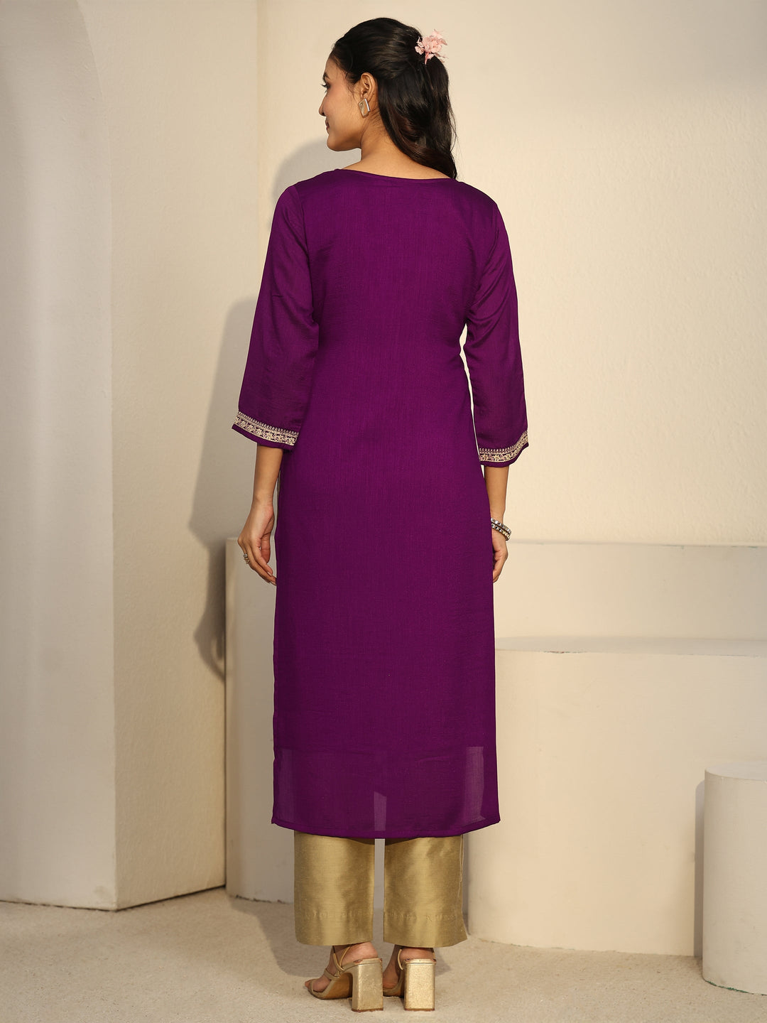 Libas Aubergine Purple Floral Embroidered Silk Blend Straight Kurta