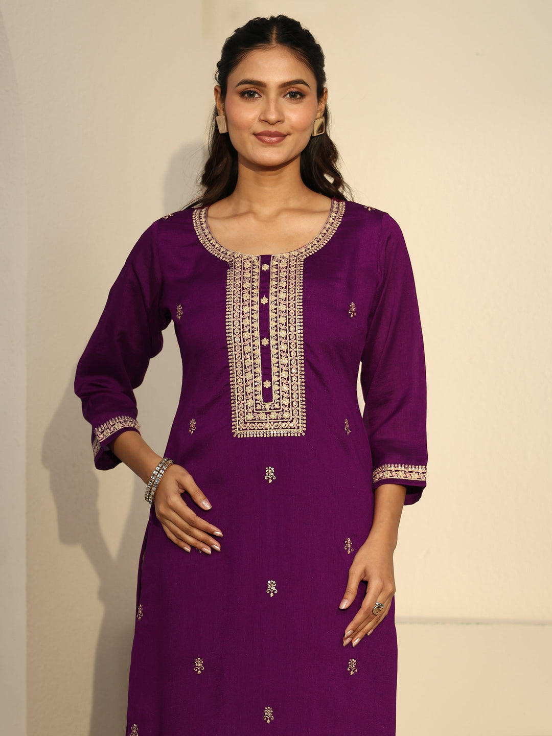 Libas Aubergine Purple Floral Embroidered Silk Blend Straight Kurta