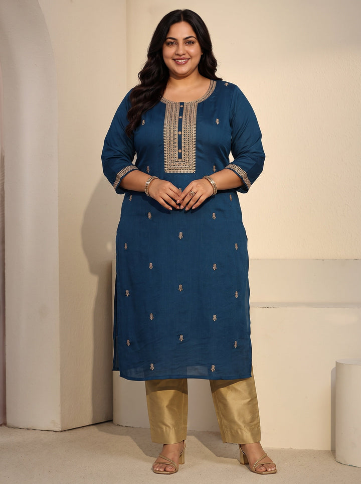 Plus Size Teal Blue Floral Embroidered Silk Blend Straight Kurta