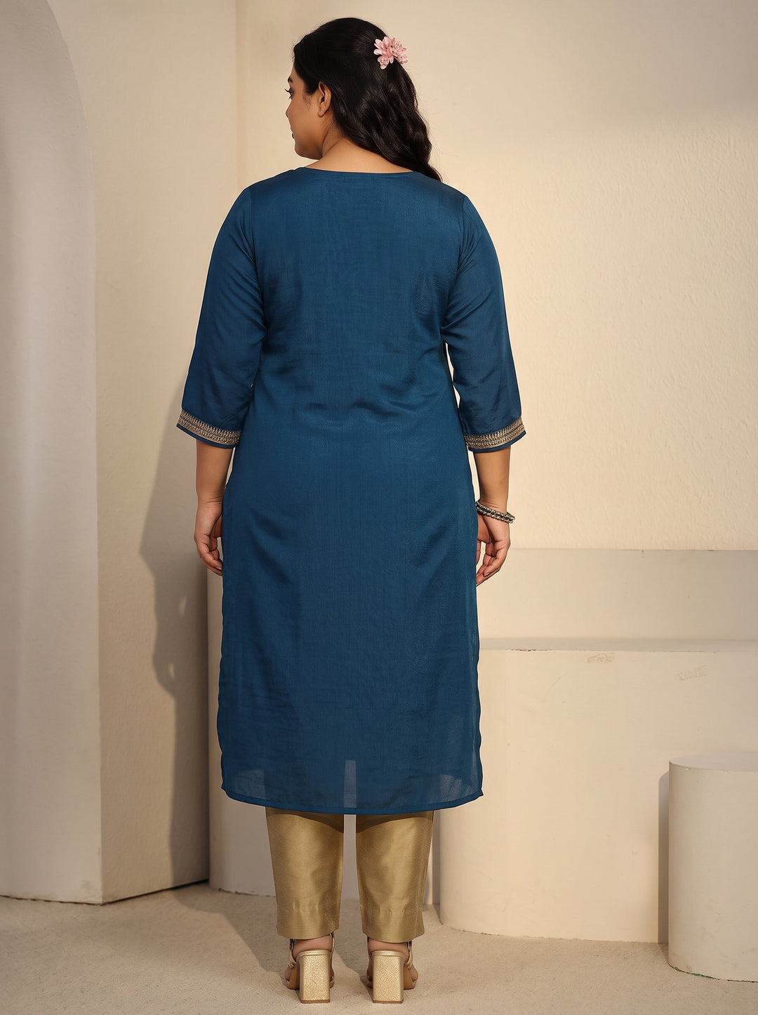 Plus Size Teal Blue Floral Embroidered Silk Blend Straight Kurta