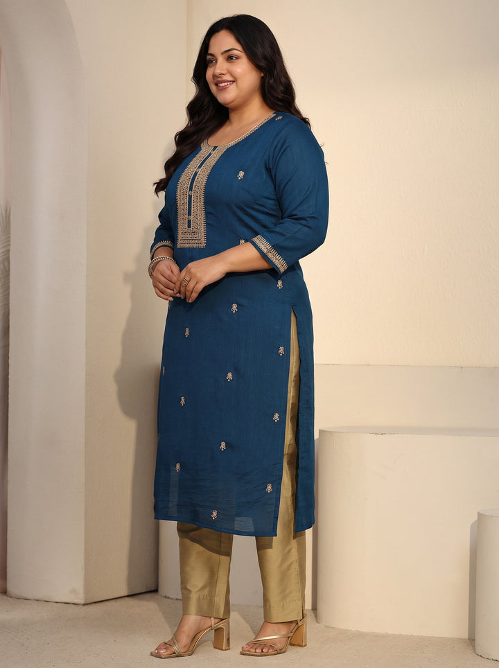 Plus Size Teal Blue Floral Embroidered Silk Blend Straight Kurta