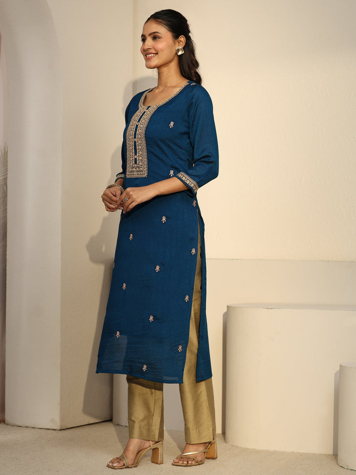 Libas Teal Blue Floral Embroidered Silk Blend Straight Kurta