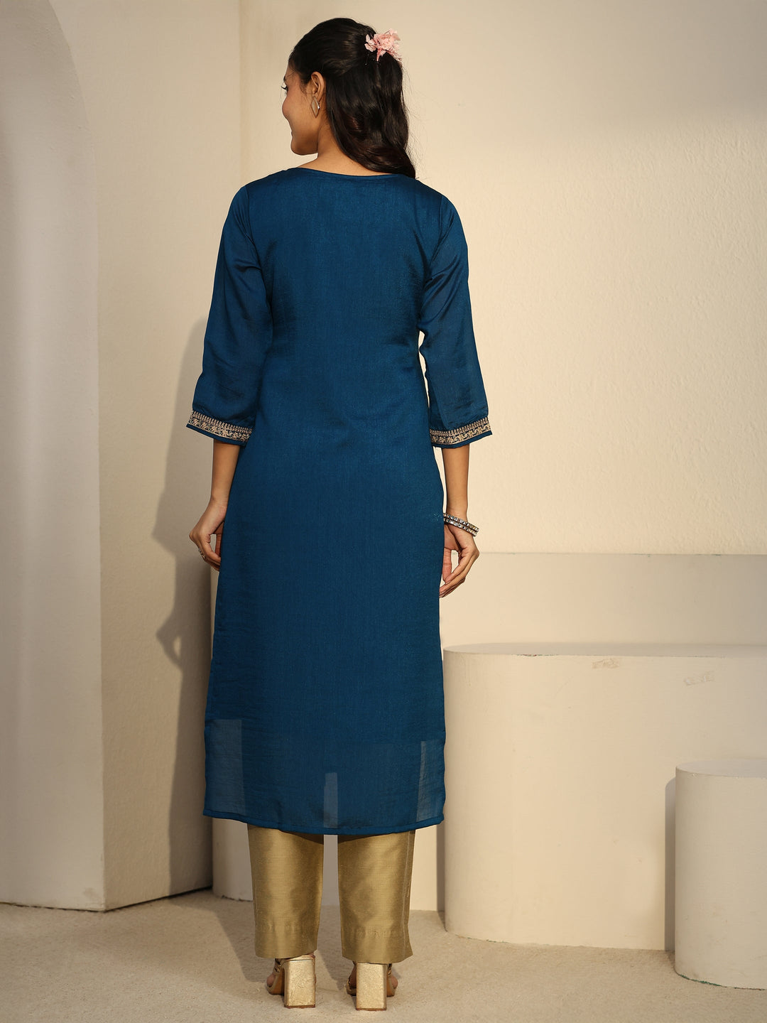 Libas Teal Blue Floral Embroidered Silk Blend Straight Kurta