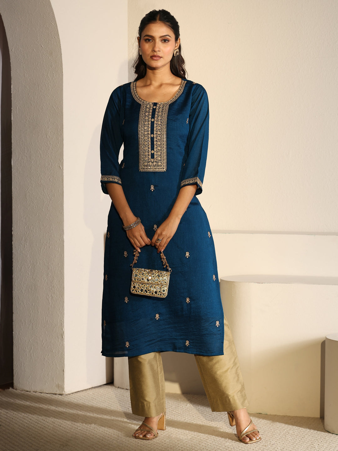 Libas Teal Blue Floral Embroidered Silk Blend Straight Kurta