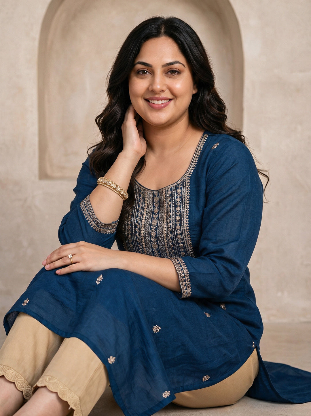 Plus Size Teal Blue Floral Embroidered Silk Blend Straight Kurta
